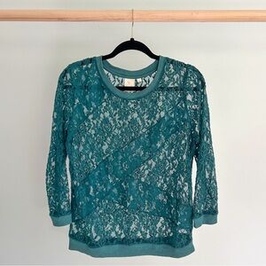 E by Eloise Anthropologie Blue Green Teal Lace Sheer Shirt Size M